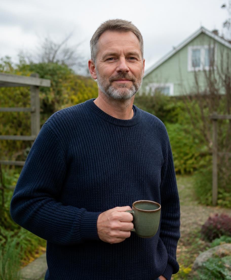 Magnus Ohlsson står i sin trädgård med en kaffekopp